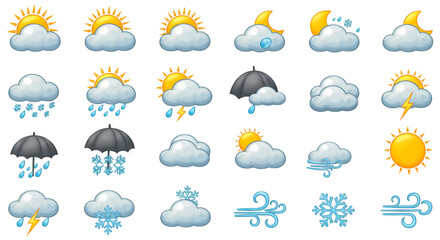 Weather Icons: Sun, Rain, Snow on Transparent  background