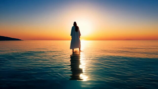 Jesus Christ Walking on Water in a Breathtaking Twilight Scene of Faith and Miracles