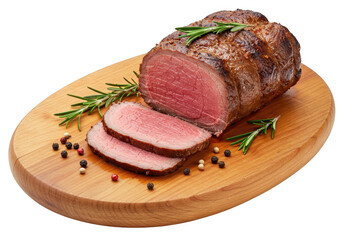 A partially sliced roast beef on a wooden cutting board isolated on transparent background