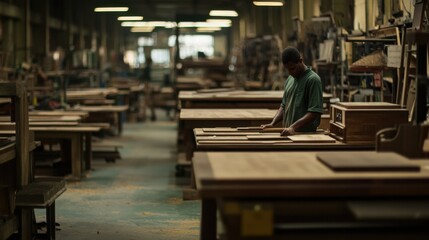 Fototapeta premium Craftsman Working in a Vintage Woodworking Workshop Surrounded by Tools and Wooden Furniture