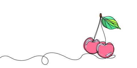 Cherries in continuous line style. Simple Natural summer juicy garden Berry. Abstract outline simple fruit isolated on white. Fresh Healthy food, vitamin, dessert 