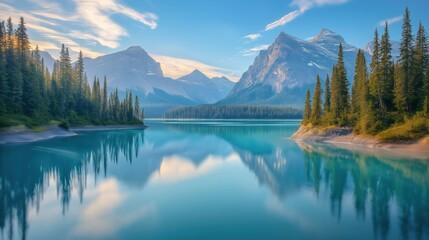 Naklejka premium A serene, vibrant landscape image of turquoise-blue Maligne Lake nestled amidst towering. reflecting the majestic mountain peaks and surrounding forest