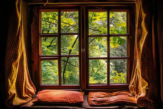 A cozy window view framed by checkered curtains, showcasing lush green trees and autumn leaves, inviting a sense of tranquility and nature indoors.