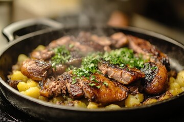 A sizzling skillet of bubble and squeak with roast duck
