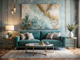 Modern Living Room Interior Design: Plush Sofa, Elegant Coffee Table, Abstract Wall Art