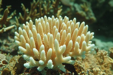 Naklejka premium A vibrant coral formation under clear water, showcasing unique textures and colors that contribute to marine biodiversity.