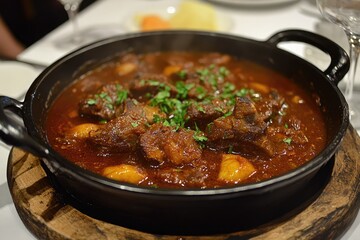 A sizzling skillet of caldereta de cordero with lamb stew