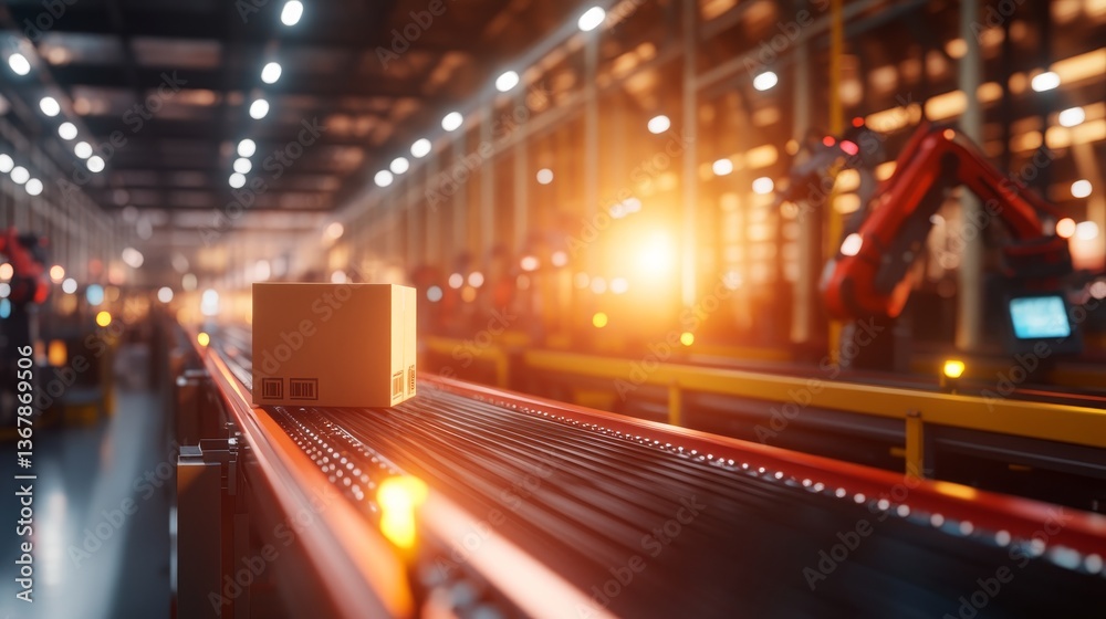 Poster a single shipping box moves smoothly along a well-lit conveyor system, surrounded by blurred robotic
