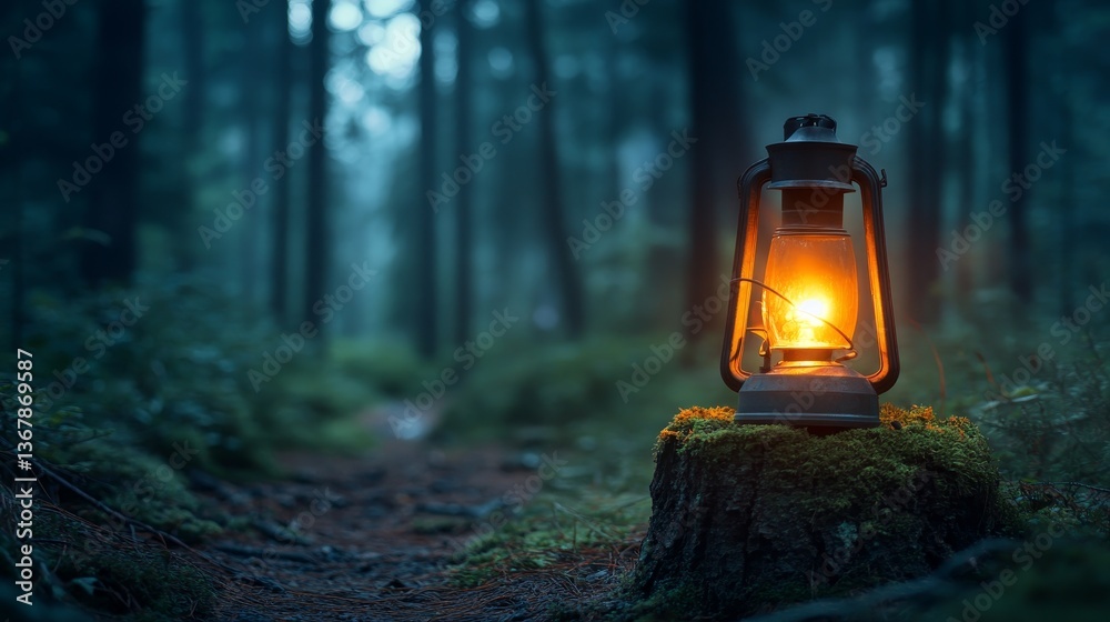 Poster a rustic lantern with a flickering flame rests on a moss-covered stump, casting warm light along a n