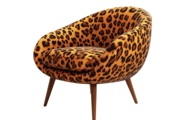 A bold leopard print armchair, perfect for adding a touch of wild sophistication to any modern living space, with sleek wooden legs and a rounded, inviting shape.