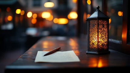 A vintage lantern casts warm light on an old wooden desk, highlighting a quill and parchment in a tranquil, forgotten writer's retreat