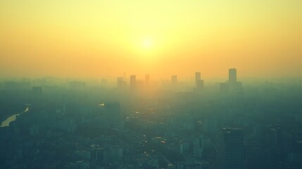 Fototapeta premium The rising sun casts a golden glow across the city's skyline.