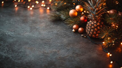 A collection of Christmas decorations, including baubles and lights, is creatively displayed with a ripe pineapple, blending tropical and winter themes beautifully