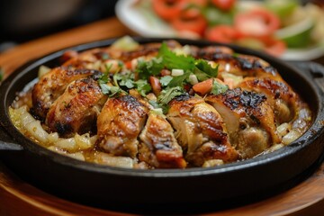 Fototapeta premium A sizzling skillet of djaj mahshi with stuffed roasted chicken