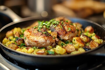 A sizzling skillet of bubble and squeak with roast pheasant