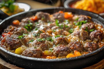 Fototapeta premium A sizzling skillet of kafta bil sanieh with baked meat patties