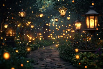 Magical evening path illuminated by lanterns and fireflies in a serene garden