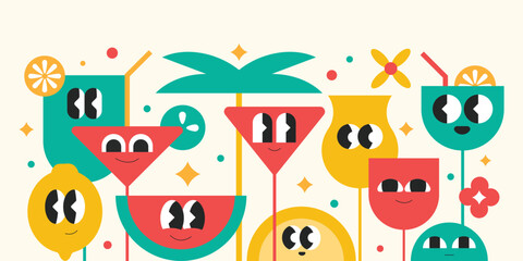 Groovy cartoon tropical fruits and cocktails summer vibes