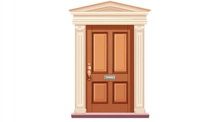 Elegant Classical Wooden Door with Fluted Columns and Triangular Pediment Isolated on White Background