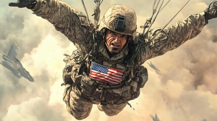 Illustration of an American paratrooper mid-air descending with the U.S. flag visible on his uniform action-packed and ultra-detailed