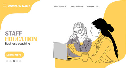 Staff education business coaching concept landing page. Website template with two business women working together. Flat graphic outline vector illustration in yellow and black colors.