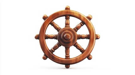 Vintage Wooden Ship's Wheel with Eight Polished Spokes Isolated on White Background