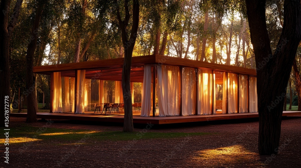 Aufkleber curved architectural design surrounded by towering trees, flowing sheer curtains billow gently while