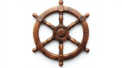 Vintage Wooden Ship's Wheel with Eight Polished Spokes Isolated on White Background