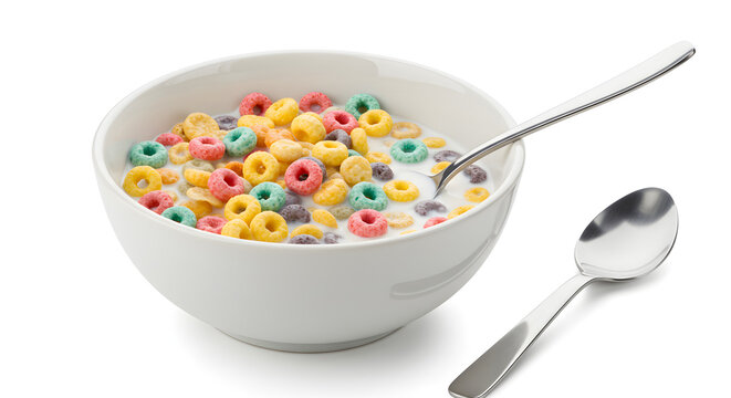 A white bowl filled with colorful fruit loop cereal and milk, placed with a silver spoon on a white surface, ideal for breakfast food advertisements