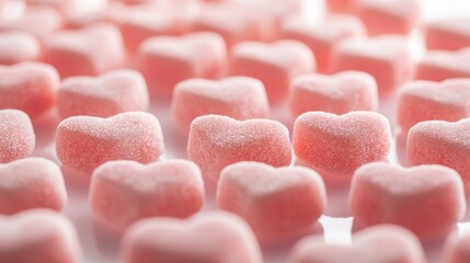 Obraz premium Rows of glossy pastel-colored candy hearts create a nostalgic display on a reflective glass surface, enhanced by soft natural light for a cheerful ambiance