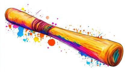 Vibrant Baseball Bat Surrounded by Dynamic Colorful Paint Splashes Isolated on Light Background