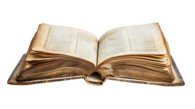 Open antique book showing text and binding on transparent background