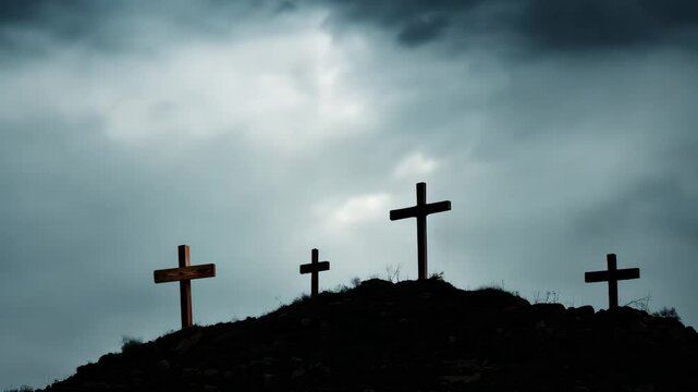 Calvary's Peak at Golgotha: Wooden Crosses Under a Tumultuous Sky Symbolizing Faith and Spirituality