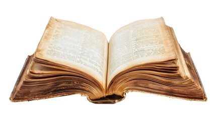 Obraz premium Open antique book showing text and brittle pages on transparent background