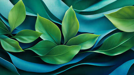 Obraz premium Green leaves rest on teal, wavy fabric background creating a fresh, natural scene, showcasing nature's elegance and tranquility, ideal for eco-friendly or wellness concepts