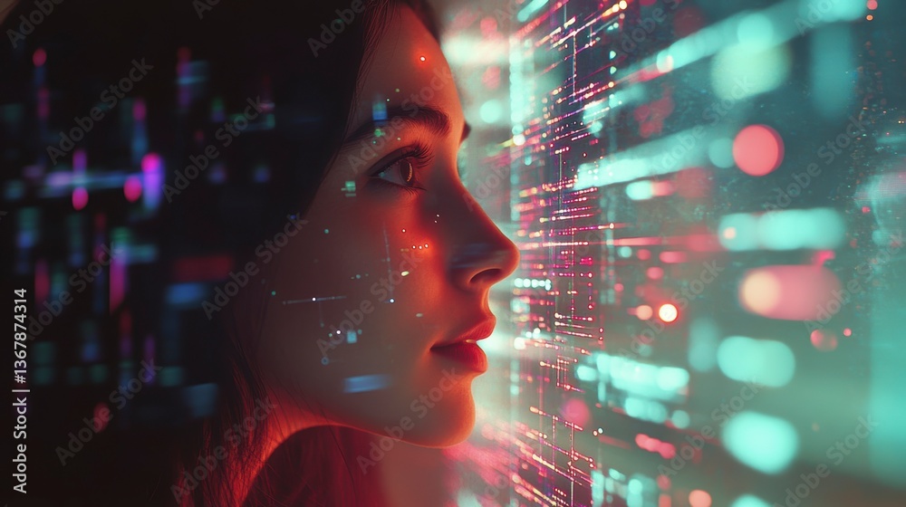 Leinwandbilder Woman's profile illuminated by vibrant digital data streams, representing technological interaction and futuristic concepts.