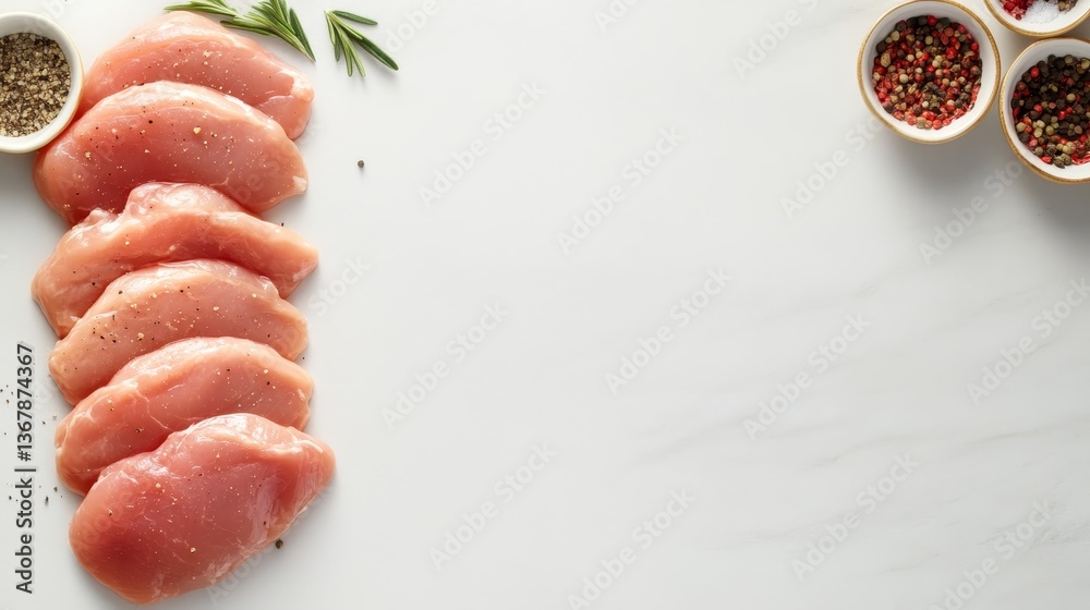 Poster fresh uncooked chicken breast slices are artfully arranged alongside bowls of seasoning and rosemary