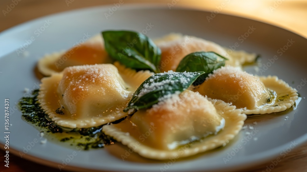 Poster close-up of spinach and ricotta-filled ravioli neatly arranged on a white plate, drizzled with basil