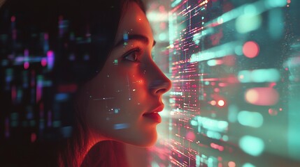 Woman's profile illuminated by vibrant digital data streams, representing technological interaction and futuristic concepts.