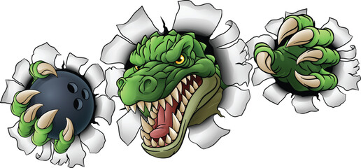 A crocodile, dinosaur or alligator lizard sports mascot holding a bowling ball © Christos Georghiou