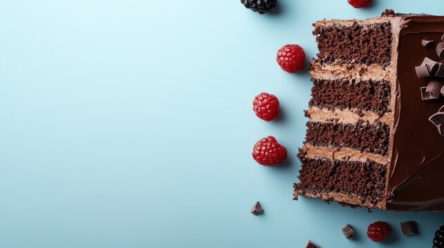 Indulge in a rich chocolate cake with luscious frosting and fresh berries, presented on a soothing pastel blue background that enhances its visual appeal