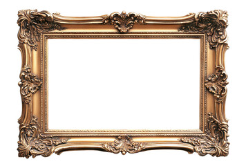Ornate antique gold picture frame with intricate details, isolated on transparent cutout background