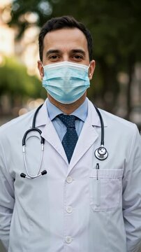 Male doctor in medical mask and white coat walking down city street looking at camera, symbolizing trust, professionalism and the vital role of healthcare in urban life