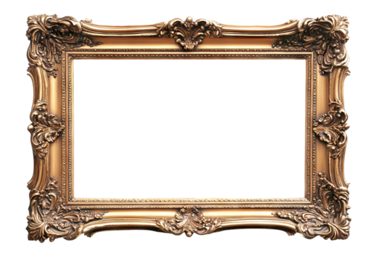 Ornate antique gold picture frame with intricate details, isolated on transparent cutout background