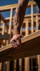 Muscular arm holding a heavy wooden plank, veins visible, with blurred house frame in background.