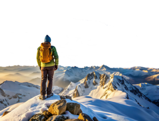 traveler with backpack on snowy mountain peak isolated on white background PNG. GENERATIVE AI