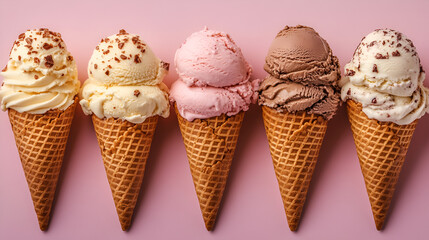 Various of ice cream flavor in cones