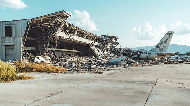 An airport damaged by the earthquake, with a collapsed passenger terminal