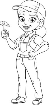 A woman female carpenter holding a hammer tool builder construction cartoon character mascot.
