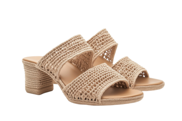 Delicate crochet heeled sandals, perfect for summer, exude effortless elegance with a neutral beige tone and a low block heel.